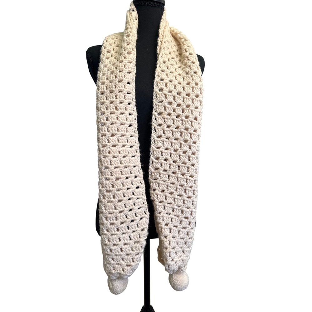 Handmade Cream Chunky Crochet Scarf Granny Stitch Pom Pom Off White Winter Knit - Picture 1 of 1